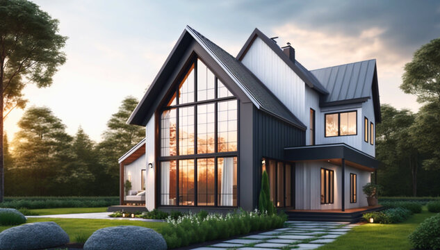 A picture of the outside of a brand-new, contemporary home with lots of windows and a garden in a rural setting, Created with generative Ai Technology