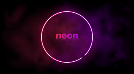 Neon circle frame purple and pink background with smoke. Round led glowing lamp on smoky dark backdrop. Modern vector illustration