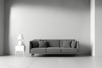 Gray sofa table light tile floor interior background. Generative AI