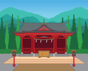 Shinto shrine or Japan shrine with Saisen traditional donation box with background view drawing in cartoon vector - obrazy, fototapety, plakaty