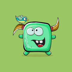 Vector cartoon funny green monster with horn isolated on green background. Smiling silly green monster print sticker design template. Ghost, troll, gremlin, goblin, devil and monster clip art