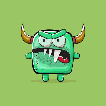 Vector cartoon funny green monster with horn isolated on green background. Smiling silly green monster print sticker design template. Ghost, troll, gremlin, goblin, devil and monster clip art