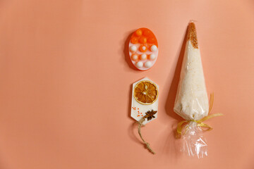 Bath salt and handmade soap for relaxation and care for beauty and youth on a plain background. Gift for Women's day, for birthday, dating present