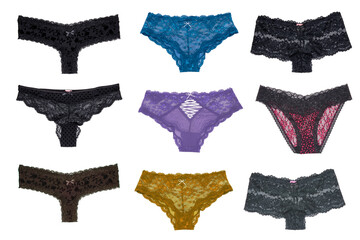 Thong lingerie isolated. Collage set of different luxurious elegant colorful lacy thongs panties...