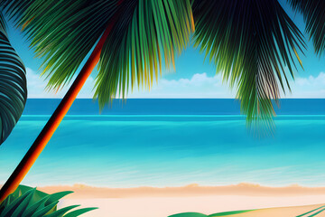 Fototapeta na wymiar Tropical beach with palm trees. Simple illustration with empty space. Generative AI