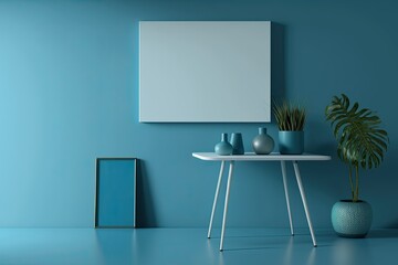 Modern interior design table with blue background for banner text mockup. Inside-out design. Generative AI