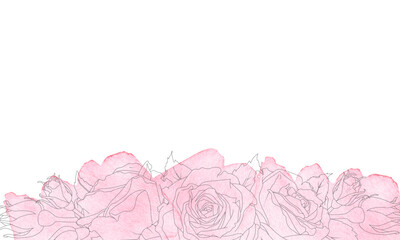 Vector illustration. Rectangular banner of a rose in line art style with pink watercolor stain backing. Hand drawn flower. Place for text or inscription. For the design of wedding invitations, cards