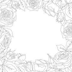 Square frame of a rose and leaves in line art style. Vector illustration. Hand drawn flower. Black and white drawing. For the design of stickers, wedding invitations, stationery, greeting cards