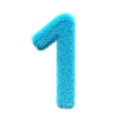 Number 1 blue Fur 3D element render, Typography fluffy style, transparent background, 