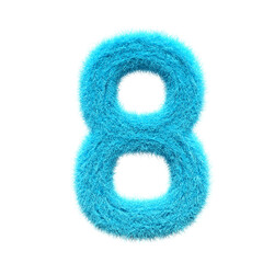 Number 8 blue Fur 3D element render, Typography fluffy style, transparent background, 