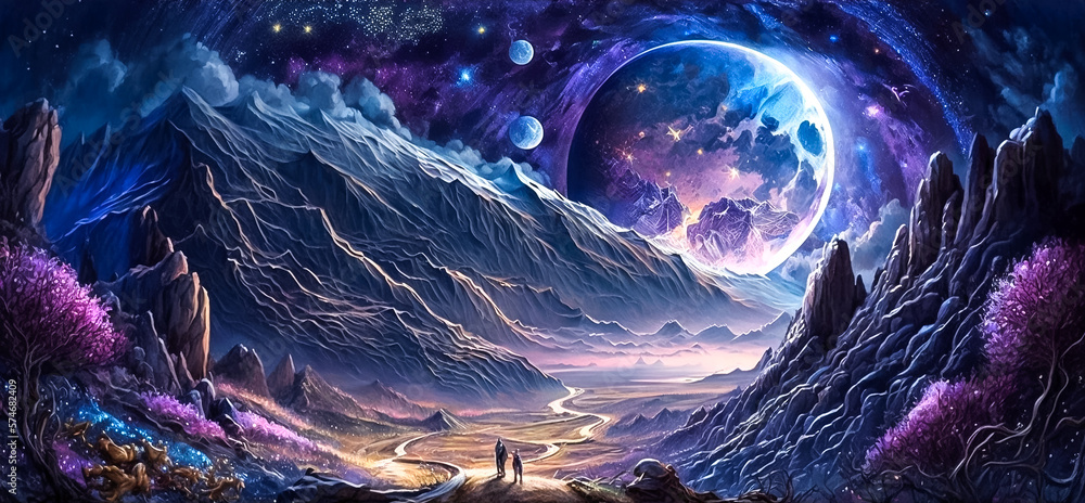 Wall mural fantasy panoramic night landscape with mountains and travelers on the background of the fairytale ma