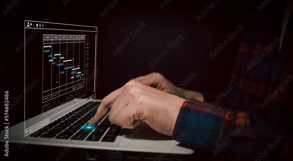 Poster analyst working with computer in business analytics and data management system to make report with k