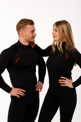 Sports family, husband and wife in thermal clothes.