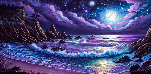 Beautiful night seascape with waves and clouds, starry sky and full moon. Fantasy illustration.
