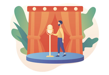 Comedian on stage. Stand Up comedy show. Open mic. Comic with microphone joking. Invitation to Comedy concert. Modern flat cartoon style. Vector illustration on white background
