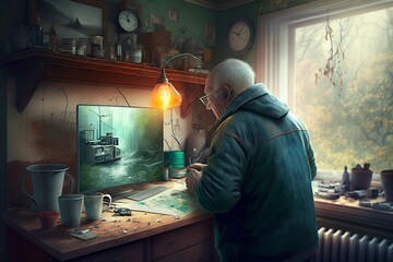 Old painter create a new artwork inspired by graphical design i his desktop