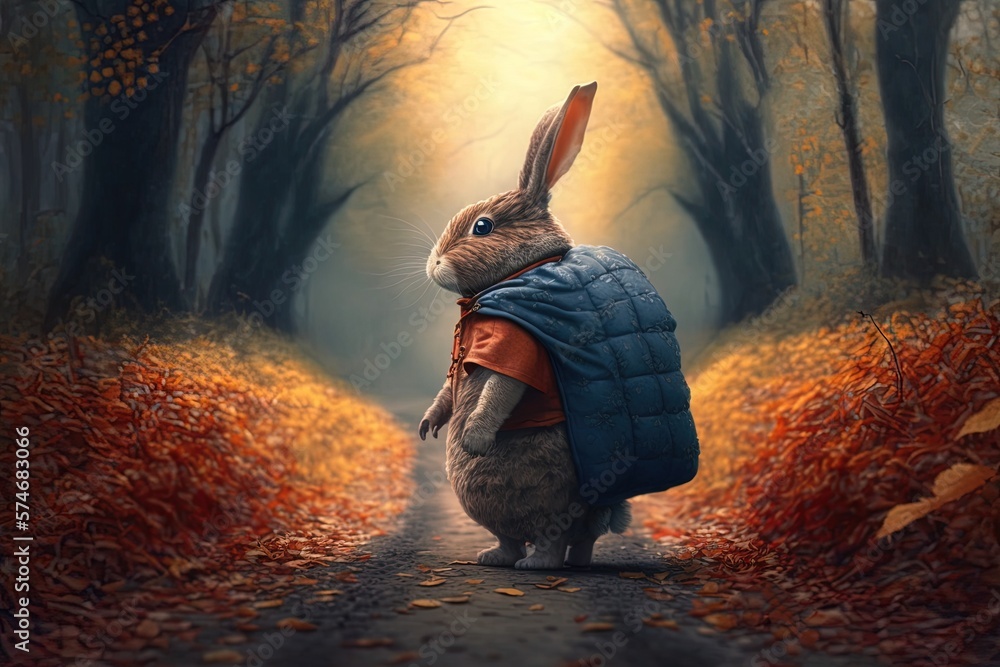 Poster curious compassion: an anthropomorphic rabbit enjoying an autumnal adventure generative ai