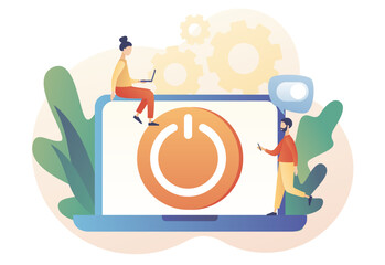 On Off button on laptop screen. Characters turning off and turning on devices. Tiny people press switch. Save energy concept. Modern flat cartoon style. Vector illustration on white background
