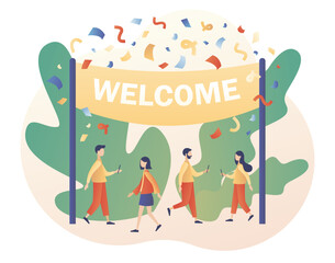 Obraz na płótnie Canvas Welcome concept. Friendly team happy to new team member. Event, celebrate, meeting, greeting. Modern flat cartoon style. Vector illustration on white background