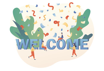 Welcome concept. Friendly team happy to new team member. Event, celebrate, meeting, greeting. Modern flat cartoon style. Vector illustration on white background
