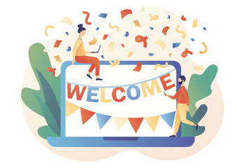 Naklejka premium Welcome concept. Friendly team happy to new team member. Online event, celebrate, meeting, greeting. Modern flat cartoon style. Vector illustration on white background 