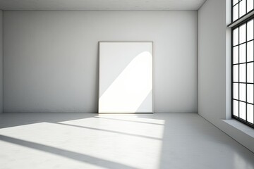 a room with a blank, white wall, shadows, and sunshine. a mockup. Generative AI