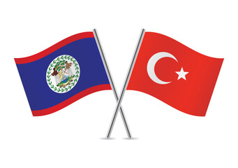 Belize and Turkey crossed flags. Belizean and Turkish flags on white background. Vector icon set. Vector illustration. 