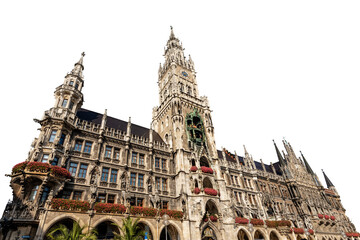 The New Town Hall of Munich isolated on white or transparent background. Neue Rathaus, XIX century...