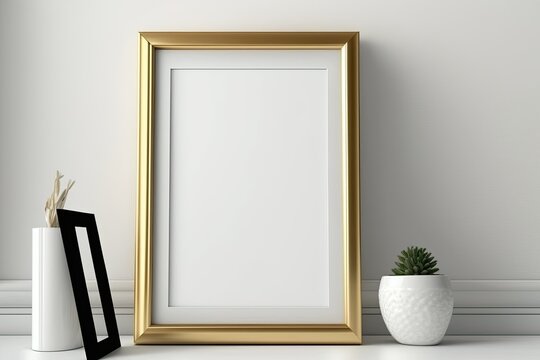 A white-backed wooden frame is exhibited. A room's faux poster frame. Generative AI