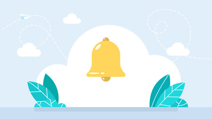 Notification golden bell icon. Incoming inbox message. Ringing bell and notification for clock and smartphone, alarm alert. Reminder. New message notification. Flat design. Vector illustration