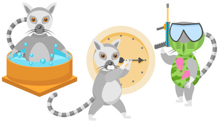 Obraz na płótnie Canvas Set Abstract Collection Flat Cartoon Different Animal Lemur Playing Paintball, Enjoying In The Jacuzzi, Trying To Stop The Clock Vector Design Style Elements Fauna Wildlife