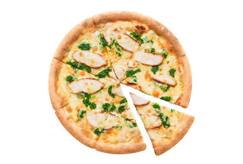 Delicious pizza with chicken fillet, spinach, garlic sauce and mozzarella, cut out