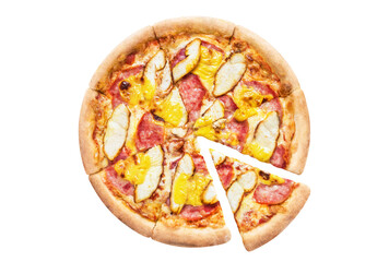 Delicious pizza with chicken fillet, ham, cheddar cheese and mozzarella, cut out