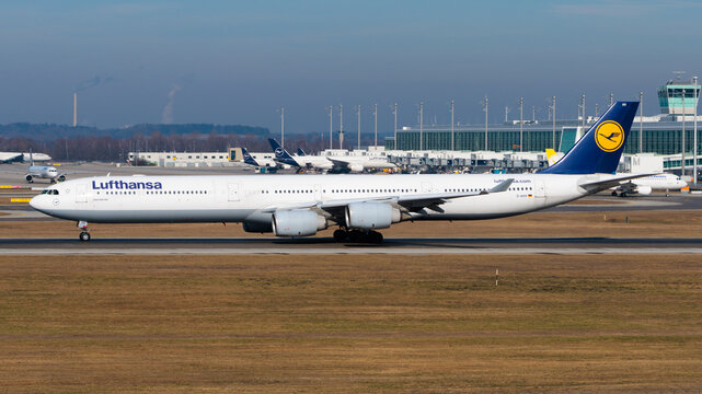 Lufthansa Airbus A340-642 plane - Munich Airport (MUC), February 16, 2023
