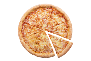 Delicious pizza Margherita (tomato sauce and mozzarella), cut out