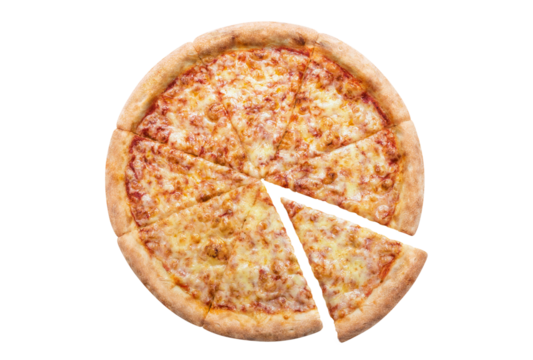 Delicious pizza Margherita (tomato sauce and mozzarella), cut out