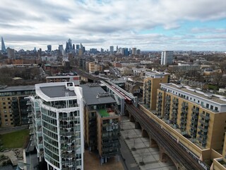 Limehouse DLR Station East London Drone, Aerial, view from air, birds eye view,
