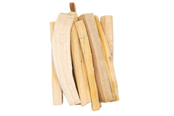 Top view color photo close-up of Palo santo wood sticks isolated on white background.