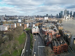 Limehouse Link tunnel entrance East London UK drone aerial view