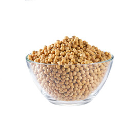 soybeans in a clear glass bowl isolated on white background.