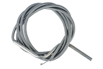 Metal cable for cleaning sewer pipes isolated on white background