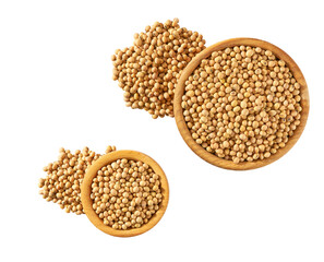 organic soybeans in a wooden plate isolated on white background top view.