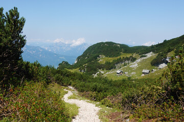 Naklejka na ściany i meble The view of Sarsteinalm from the trekking route to Hoher Sarstein mountain, Upper Austria region