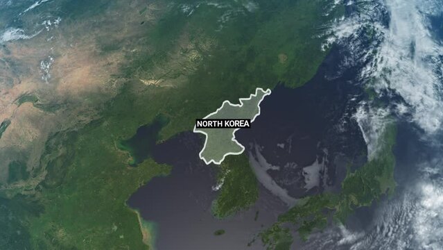 North Korea map, zooming in from the space through a 4K photo real animated globe, with a panoramic view consisting of Asia, Africa and Eurasia. Epic spinning world animation, Realistic planet earth