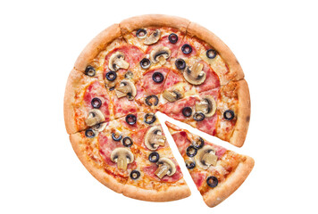 Delicious pizza with ham, champignon mushrooms, olives, mozzarella and tomato sauce, cut out