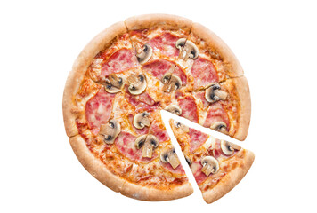 Delicious pizza with champignon mushrooms, ham, tomato sauce and mozzarella, cut out