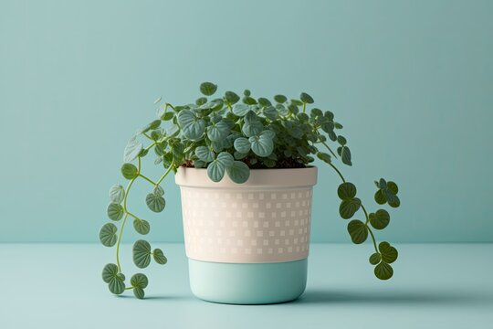 Callisia repens, a small, adorable creeping plant, in a pot against a pale blue background. Minimalist indoor evergreen plant. Generative AI