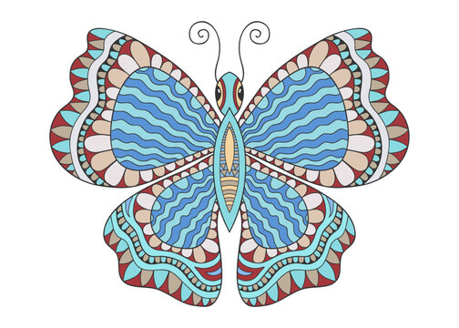 Decorative ornate butterfly, cartoon character. Doodle insect with ornate wings. Hand drawn ornament, floral geometric pattern. Isolated design element on white background