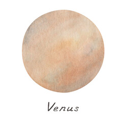 Watercolor illustration. Hand painted brown, beige, orange planet Venus. Space and outer space. Extraterrestrial object of Solar system. World Space Week. Isolated clip art for banners, posters © Olga Sidelnikova