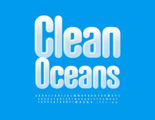Vector artistic Sign Clean Oceans.  Modern creative Font. White Glossy Alphabet Letters, Numbers and Symbols set